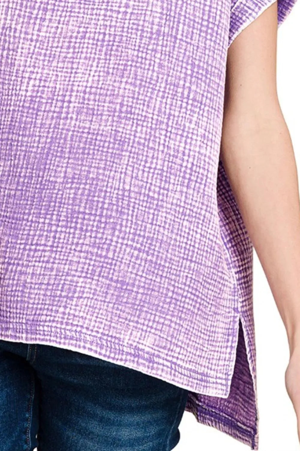 Zenana Lavender Woven Double Gauze Acid Washed Short Sleeve Top