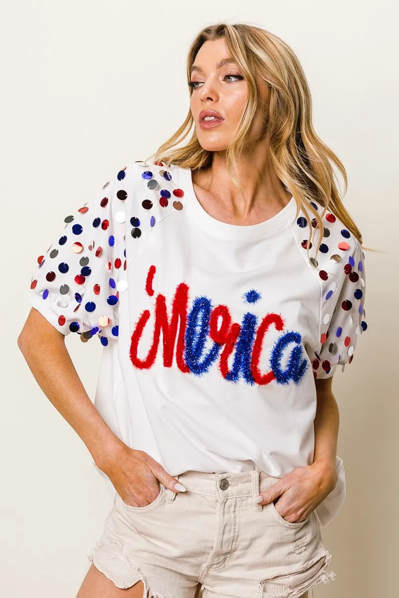 BiBi Metallic Letter Spangle Raglan Puff Sleeve Top