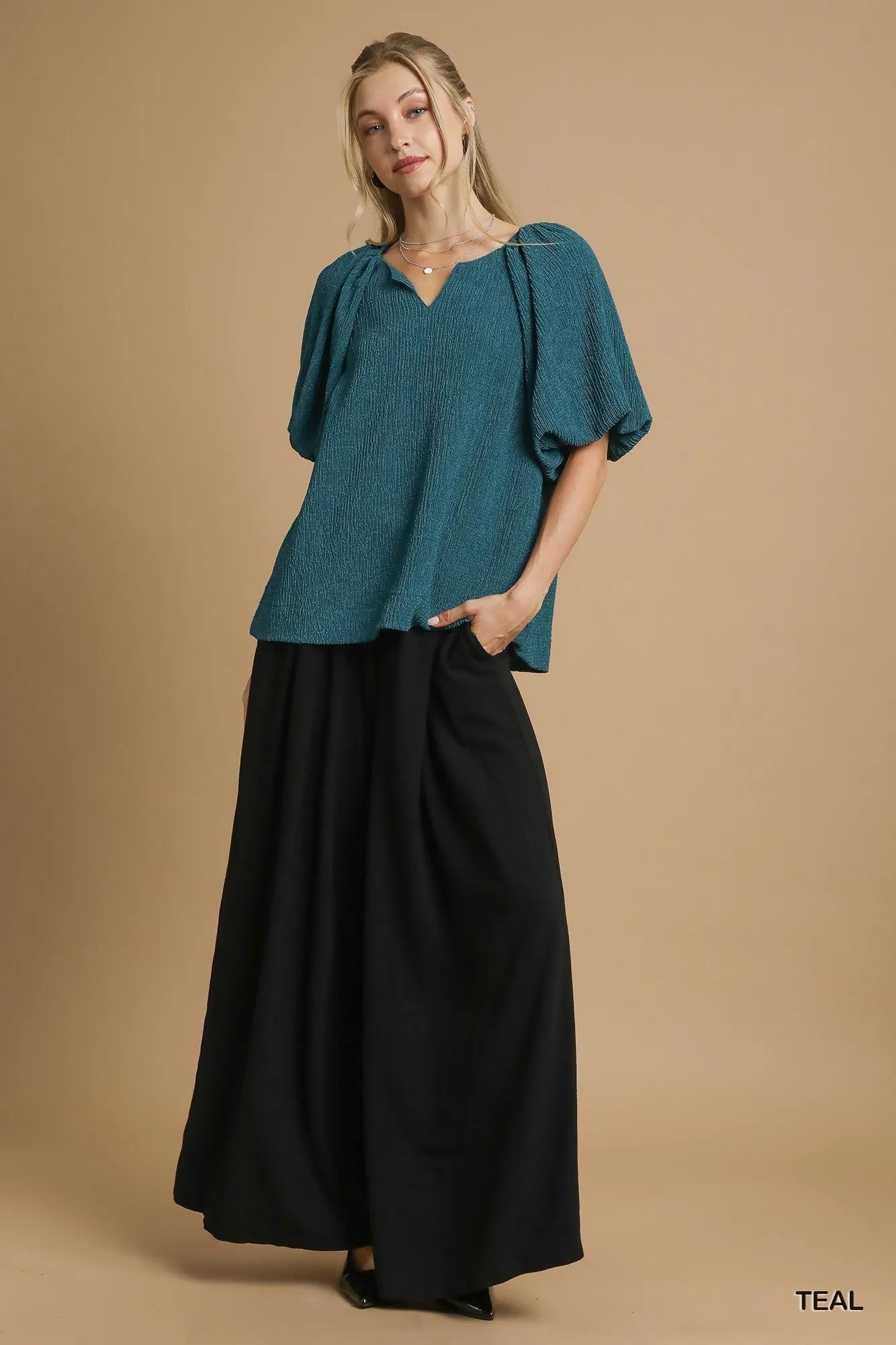 Umgee Teal Textured Flutter Sleeve Notch Neck Top