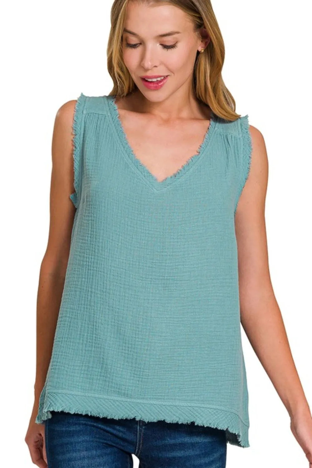 Zenana Double Gauze Raw Edge V-Neck Tank DUSTY TEAL