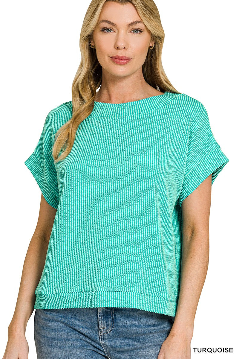 Zenana Turquoise Raised Rib Cap Sleeve Top TURQUOISE