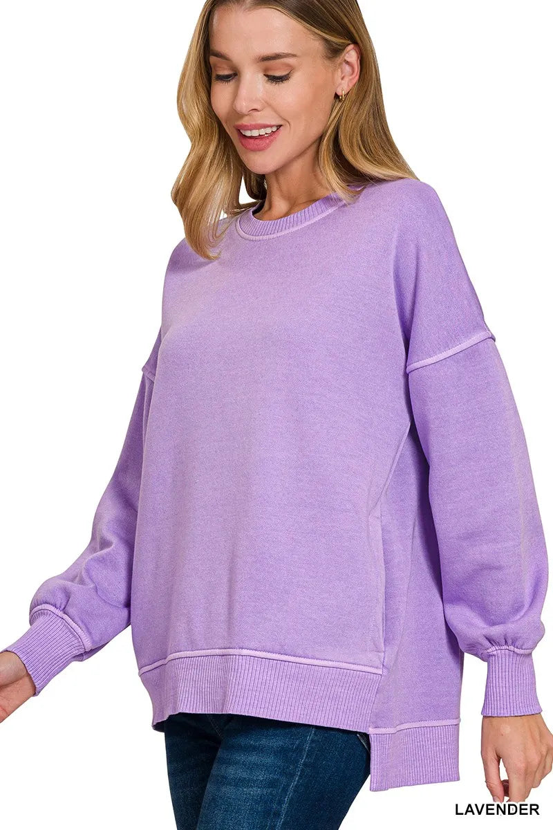Zenana Lavender Pigment Dye Fleece Hi-low Hem Sweatshirt With Pocket LAVENDER