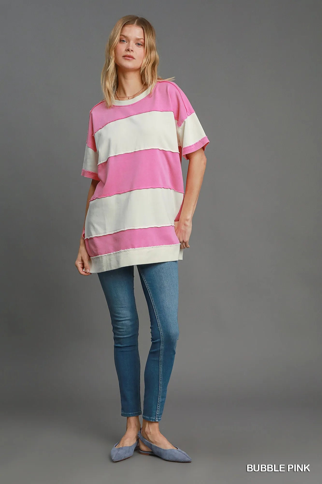 Umgee Bubble Gum Pink Mineral Wash ColorBlock Tunic Dress