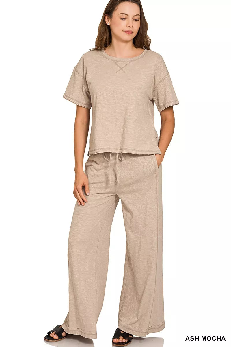 Zenana Ash Mocha Cotton Slub Short Sleeve Tee and Pants Set ASH MOCHA
