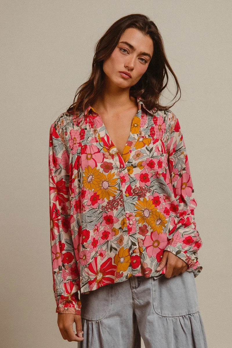 BiBi Woven Floral Printed Long Sleeve Blouse