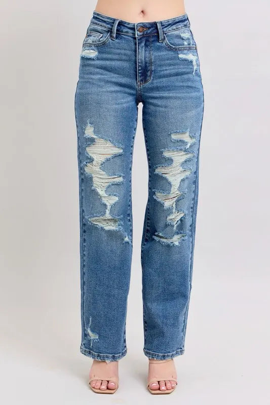 Judy Blue High Waist Heavy Destroy Straight Jeans MD