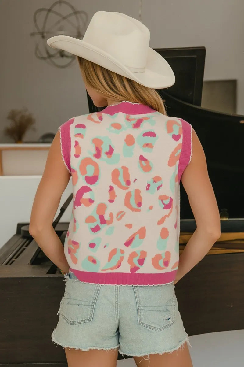 BiBi Ivory & Pink Leopard Sweater Vest With Front Tie and Scallop Detail