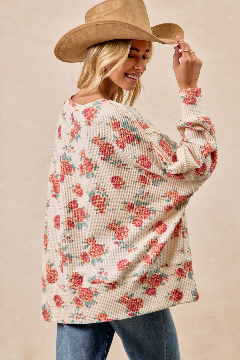 BiBi Oatmeal Floral Print Oversized Waffle Thermal Sweatshirt