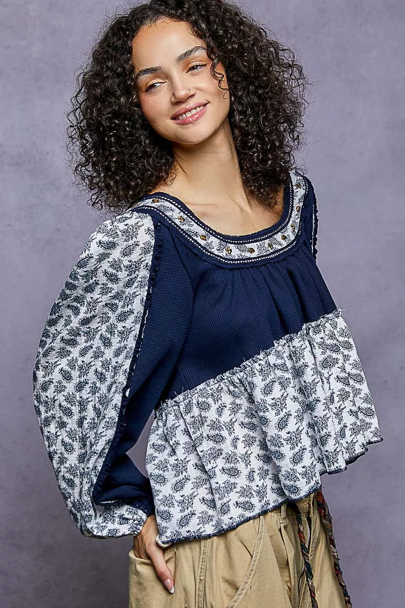 POL Indigo Paisley Scoop Neck Balloon Sleeve Cropped Blouse with Stud Detail