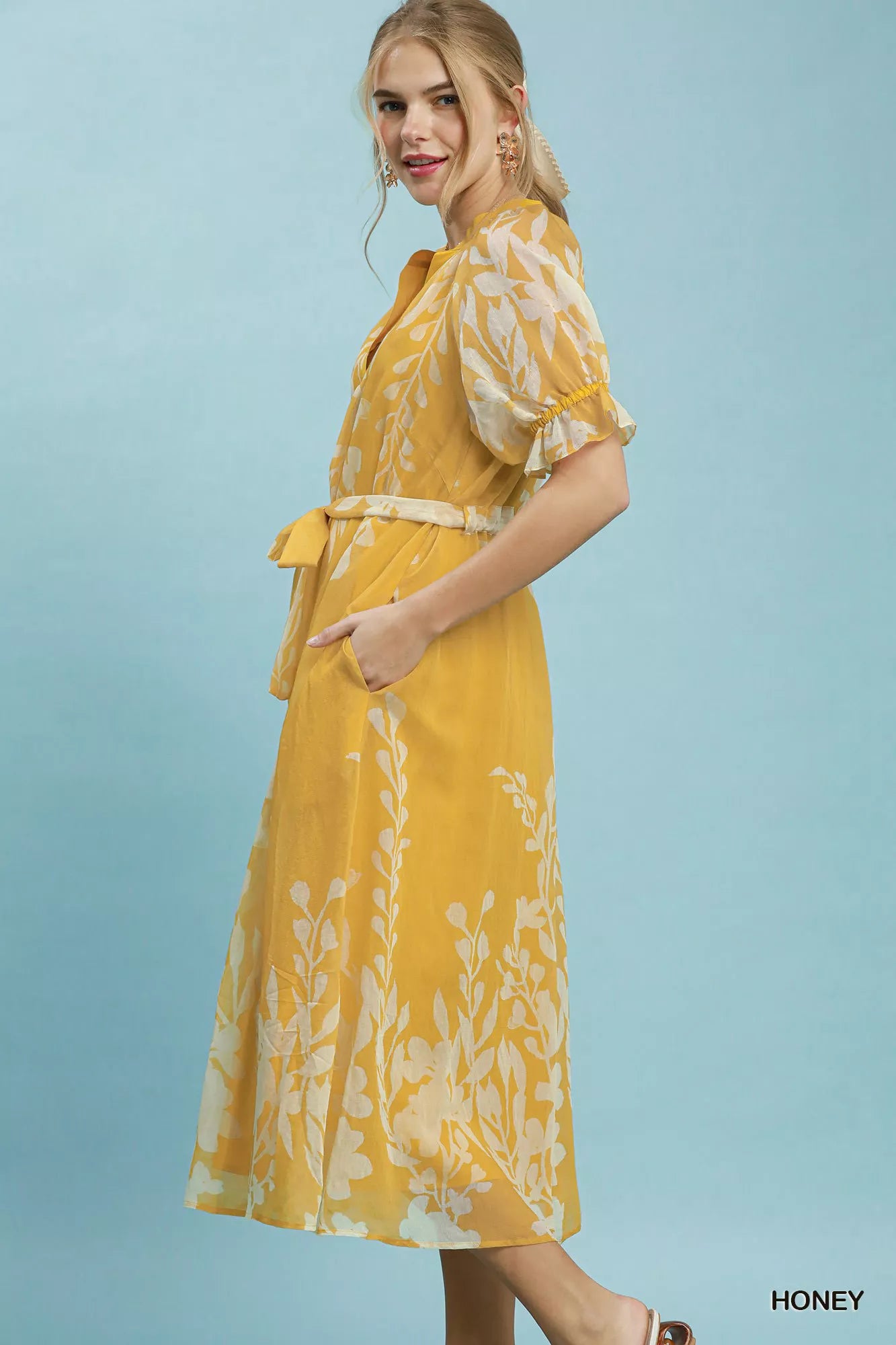 Umgee Honey Floral Print Tie Waist Midi Dress with Side Pockets