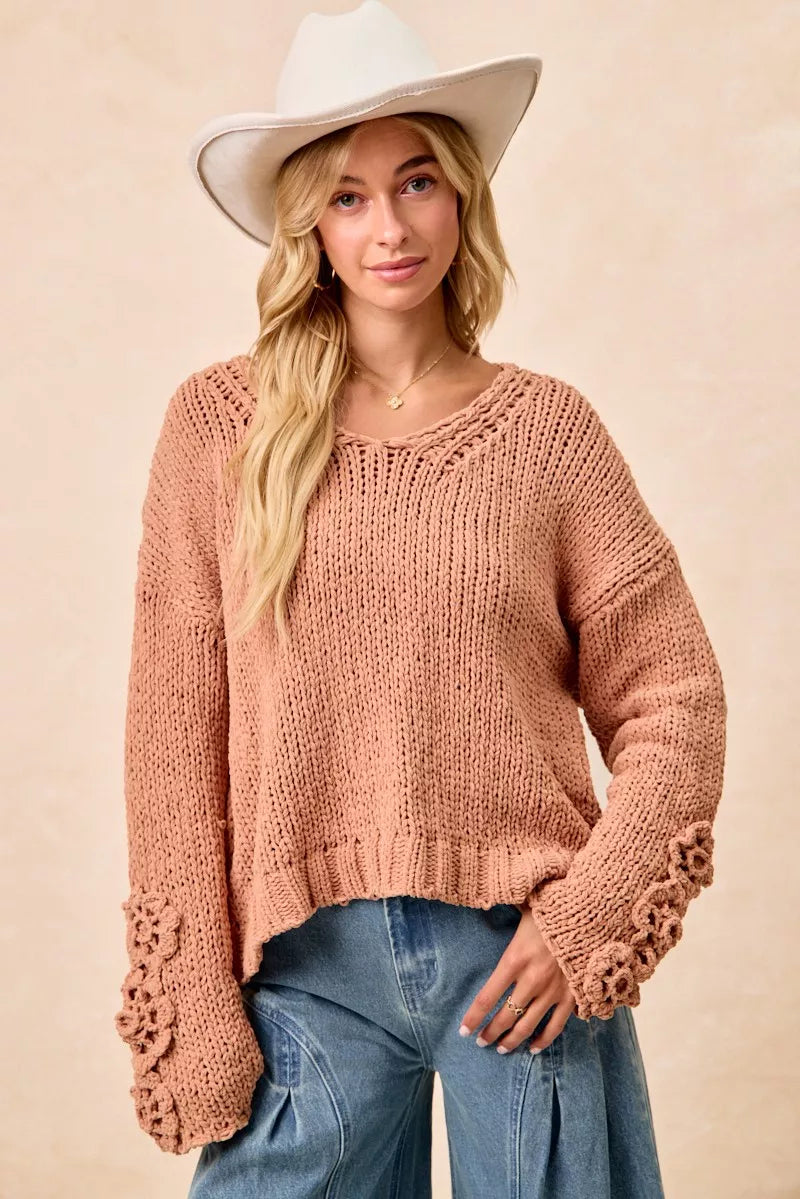 BiBi Dusty Peach Chunky Knit Sweater with Flower Detail Sleeves