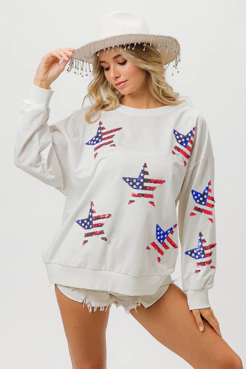BiBi American Flag Sequin Star Sweatshirt