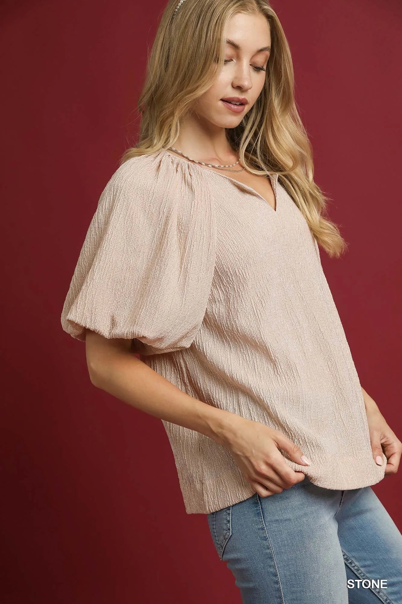 Umgee Textured Puff Sleeve Notched Blouse in Stone