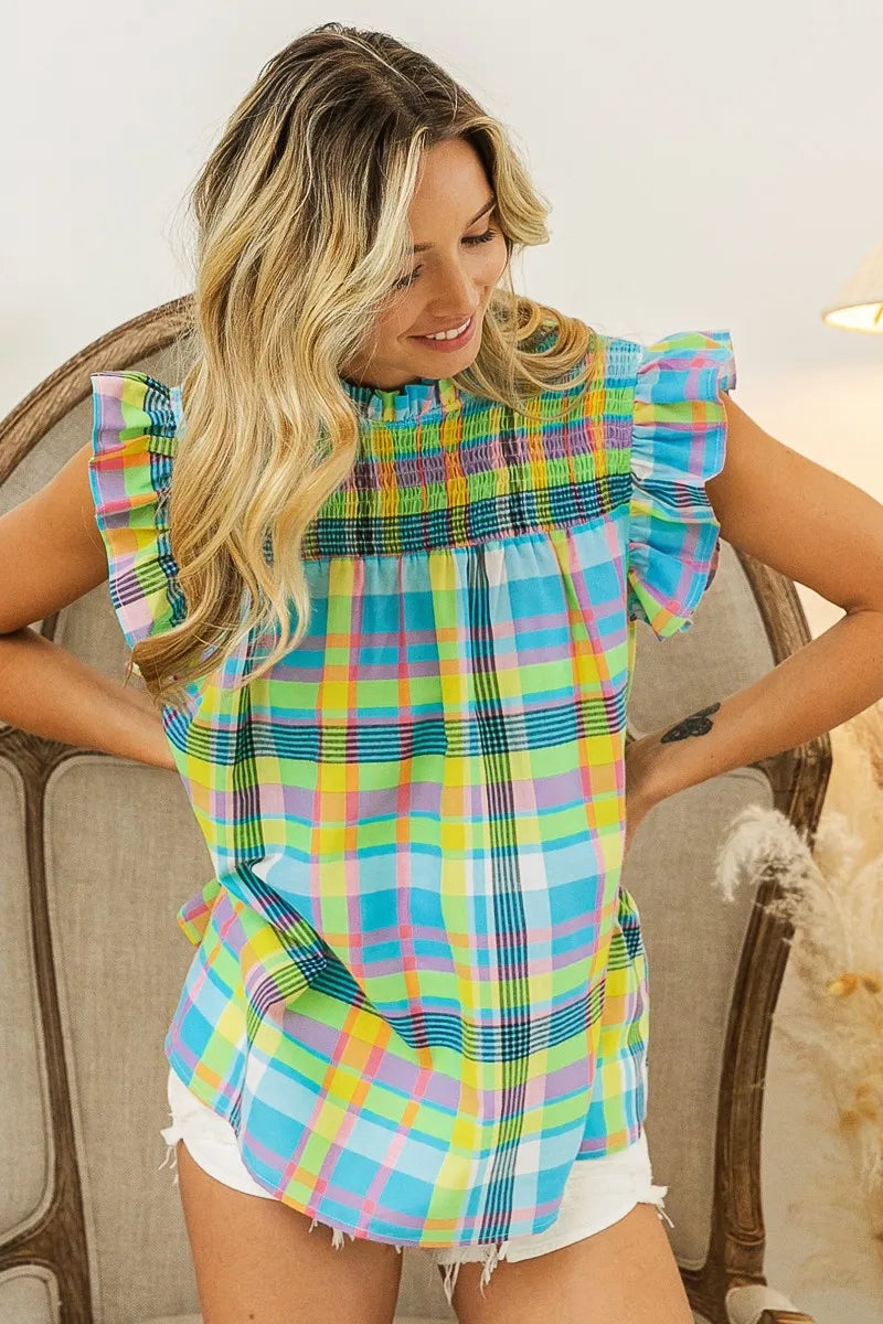 BiBi Blue and Yellow Multi Color Check Plaid Woven Blouse