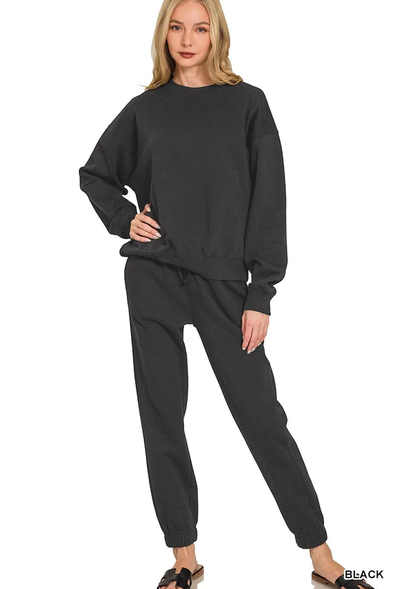 Zenana Fleece Long Sleeve Pullover & Jogger Set BLACK