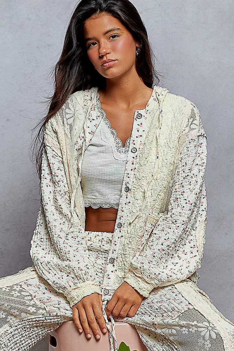 POL Cream Floral Balloon Sleeve Hooded Lace Jacket with Stitch Detail