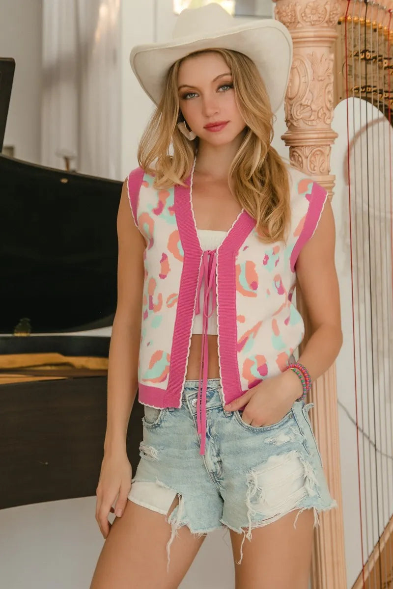 BiBi Ivory & Pink Leopard Sweater Vest With Front Tie and Scallop Detail