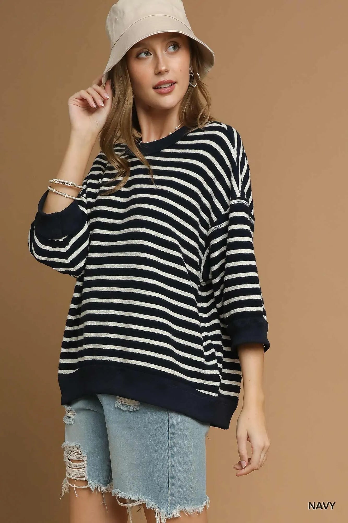 Umgee Navy Ribbed Hem Striped Oversized Knit Top Navy