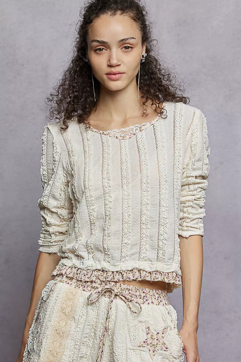 POL Cream Texture Long Sleeve Blouse with Floral Ruffled Details