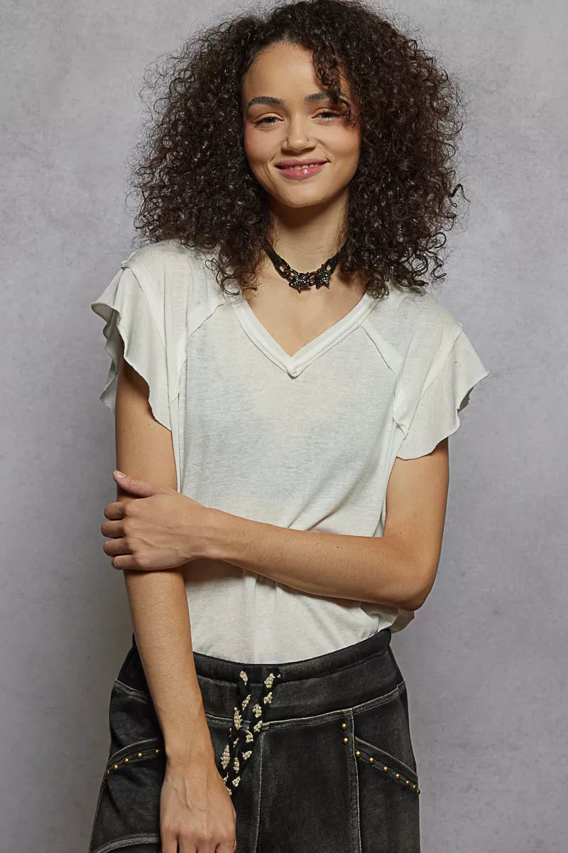 POL Off White V-Neck Short Sleeve T-Shirt with Ruffle Sleeve