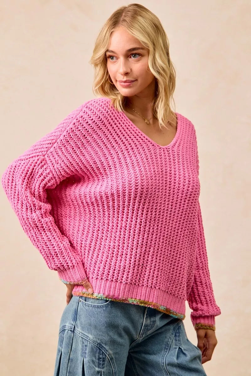 BiB Pink V-Neck Sweater with Colorful Trim