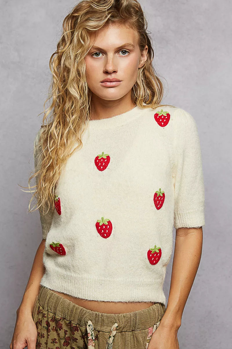 POL Cream Round Neck Strawberry Patch Sweater with Shirring Shoulder