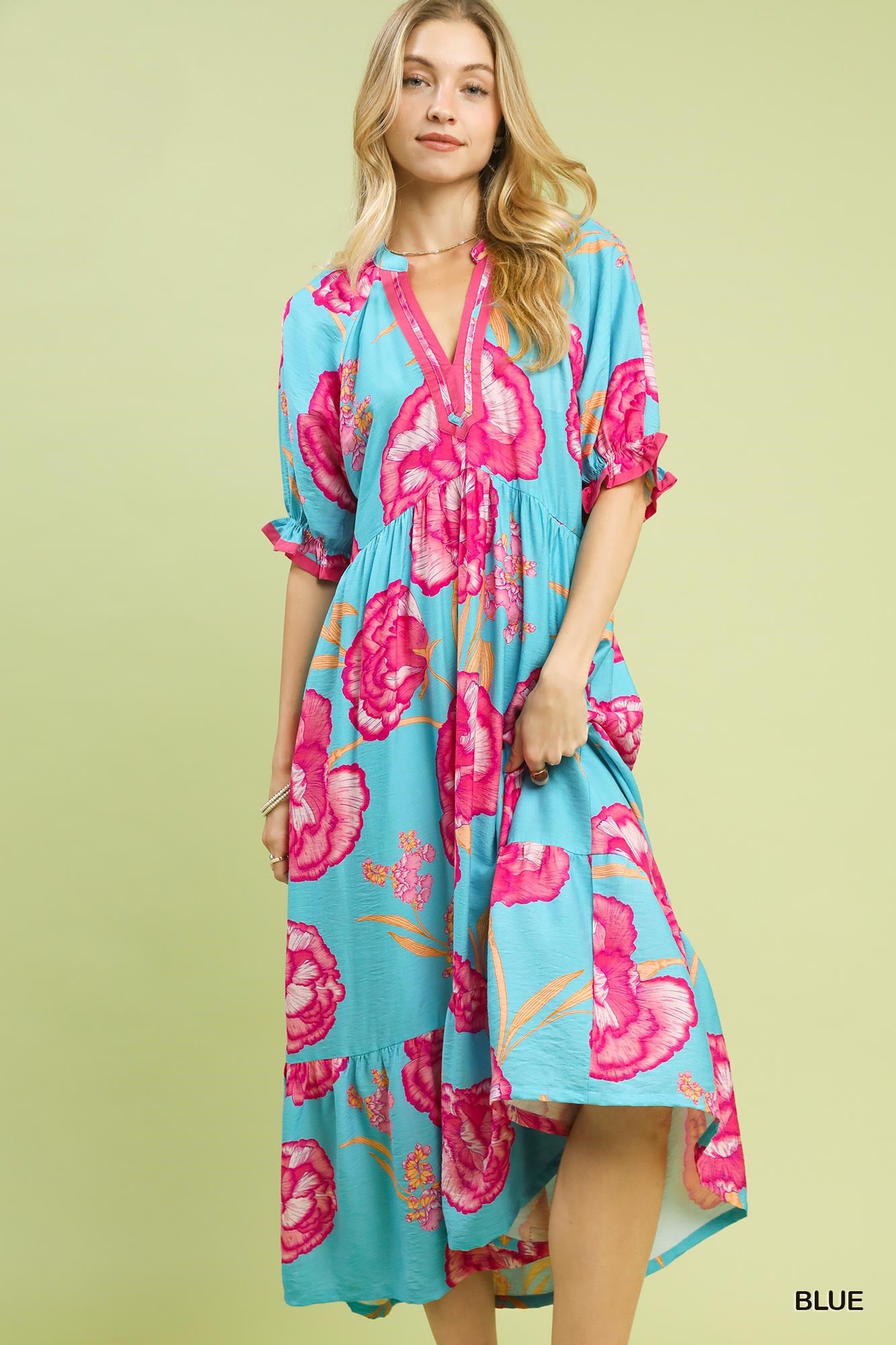 Umgee Blue Floral Print Midi Dress with Contrast Trim
