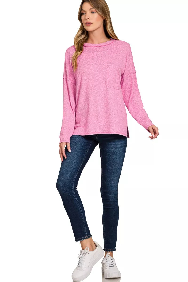 Zenana Candy Pink Soft Melange Hacci Round-Neck Long Sleeve T-Shirt