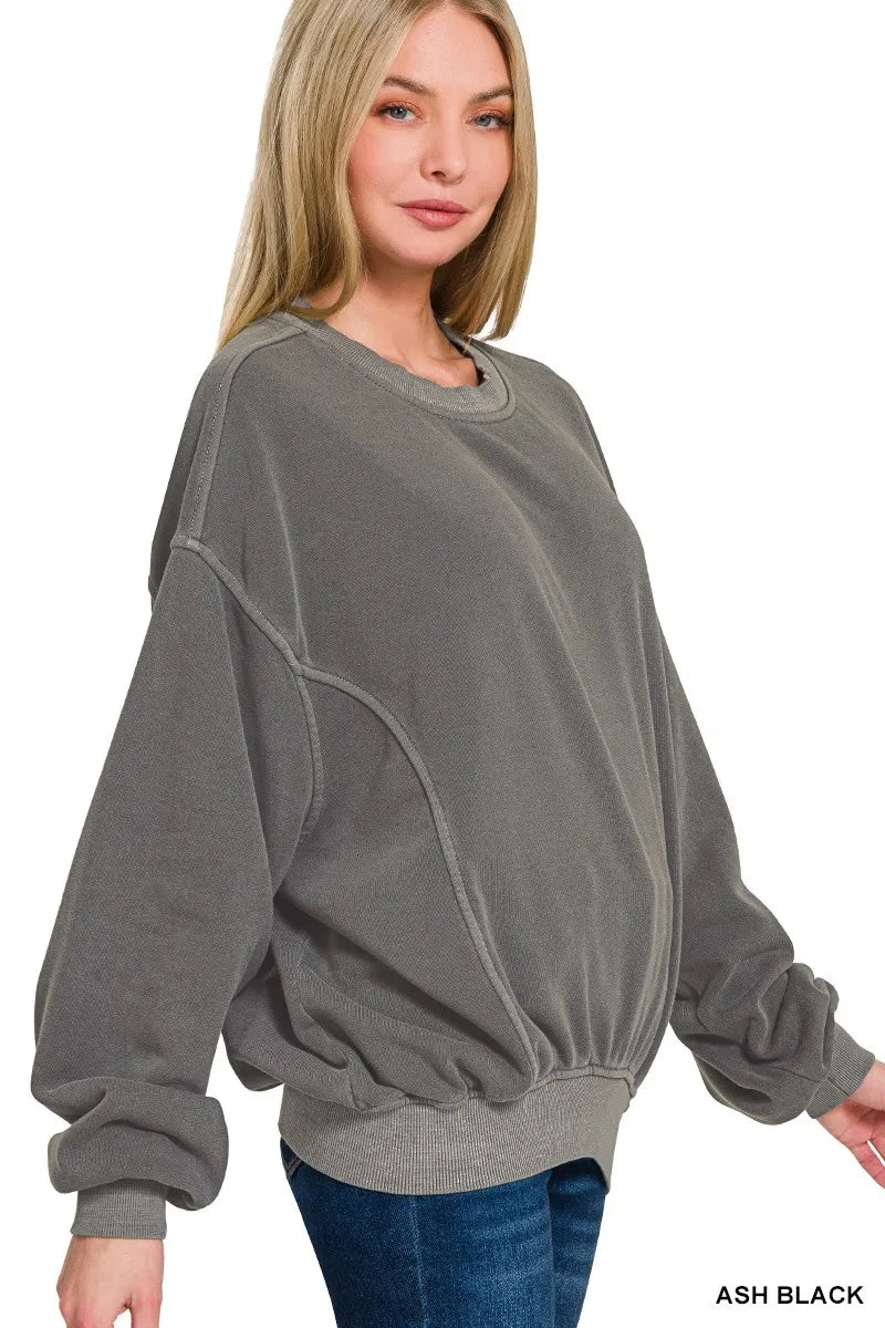 Zenana Ash Black Soft Fleece Pigment Dye Pullover