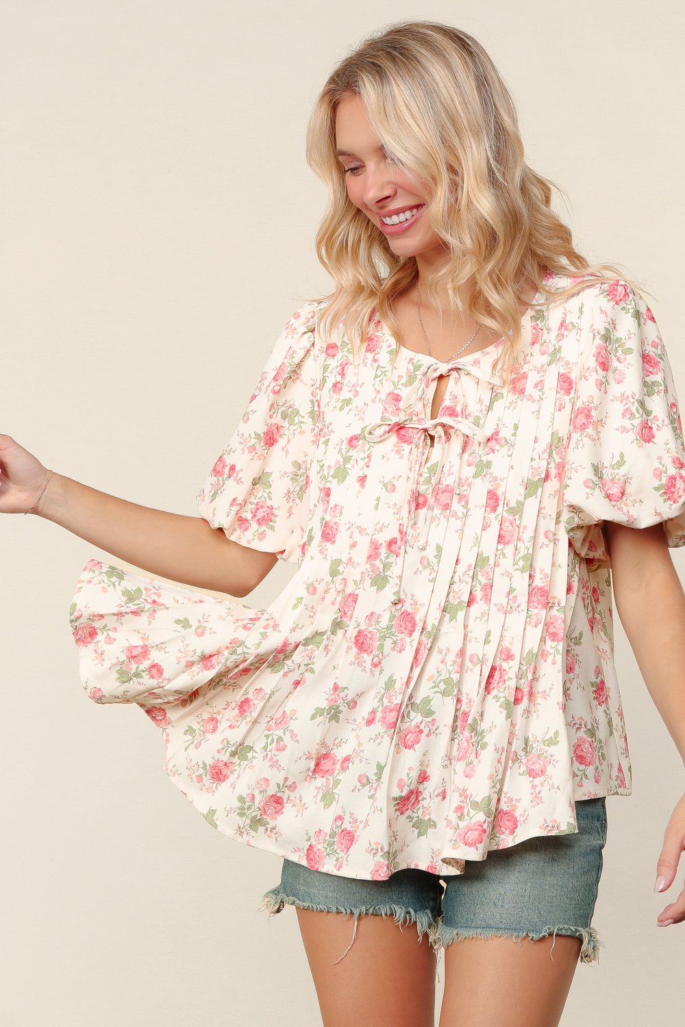 Haptics Pleated Ribbon Floral Bubble Short Sleeve Top