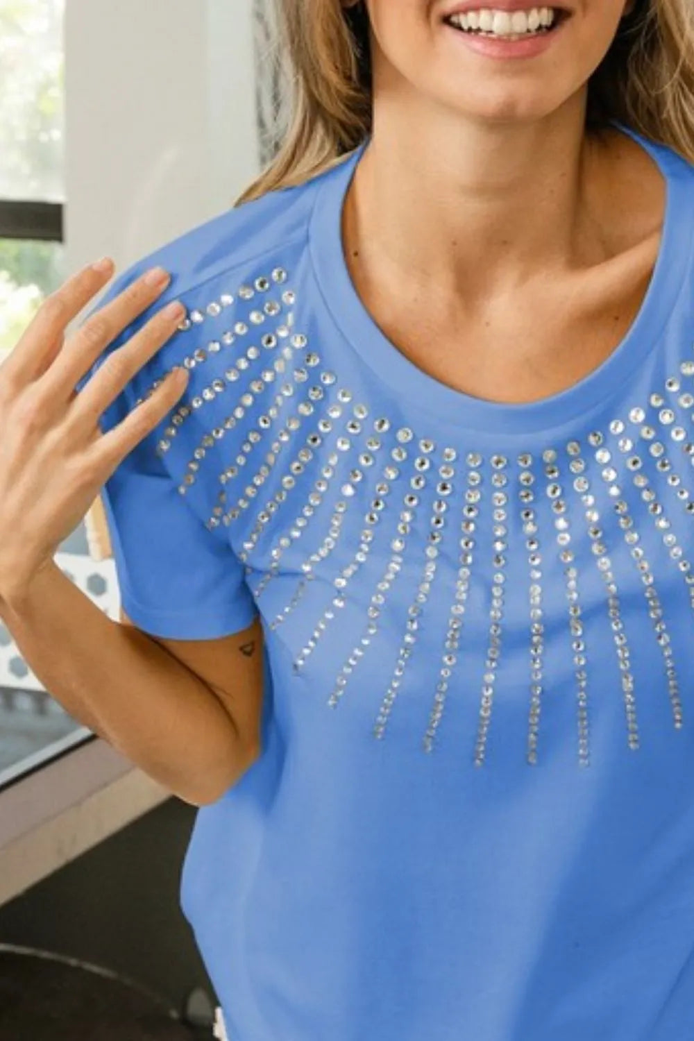 BiBi Corn Flower Blue Rhinestone Beaded Short Sleeve Top