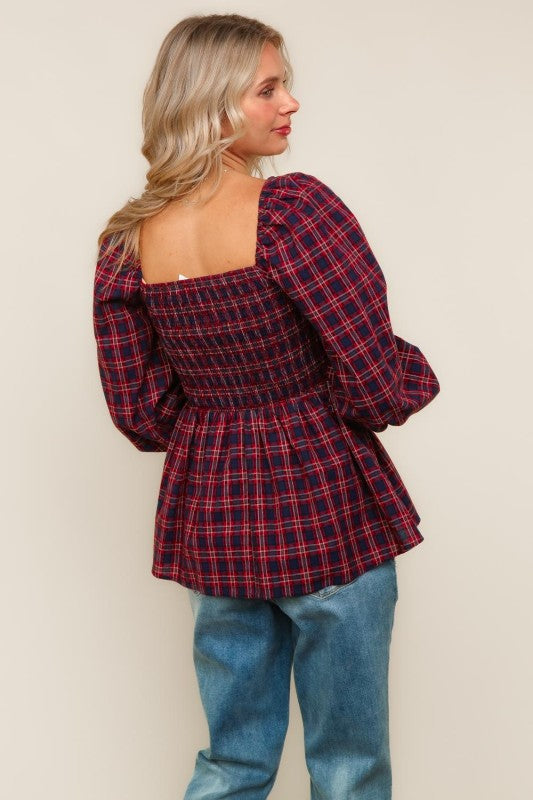 Haptics Red & Blue Smocking V-Neck Babydoll Plaid Woven Top
