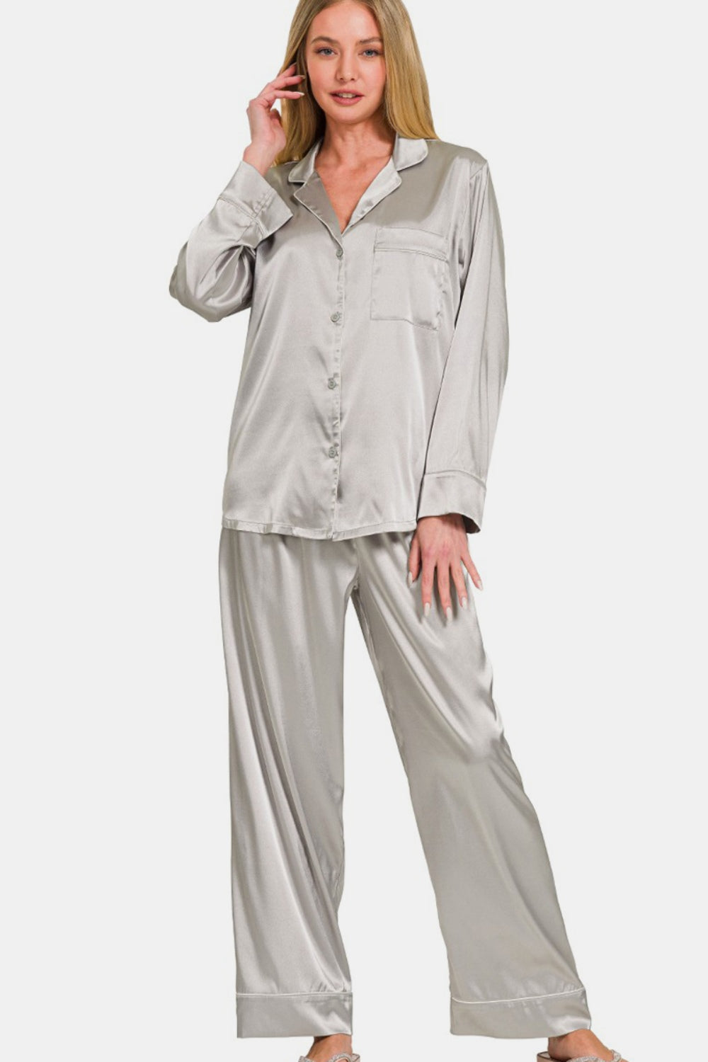 Zenana Silver Satin Long Sleeve Shirt and Pants Pajama Set Loungewear