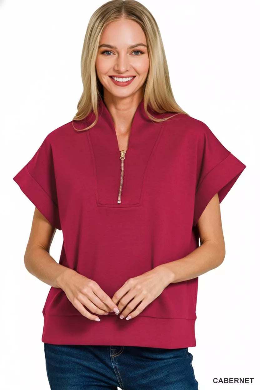Zenana Cabernet Scuba High Neck Half Zip Top