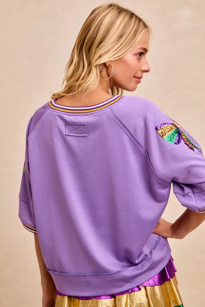 BiBi Lavender Mardi Gras Theme Ribbon Sequin Patched Top