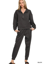 Zenana Black Scuba Half Zip Sweatshirt and Joggers Set BLACK