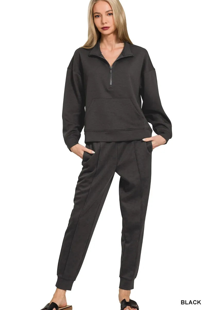 Zenana Black Scuba Half Zip Sweatshirt and Joggers Set BLACK
