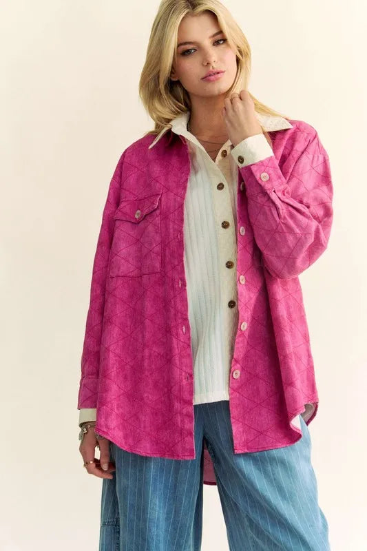 Davi & Dani Curved Hem Diamond Quilted Button Up Denim Shacket Hot Pink