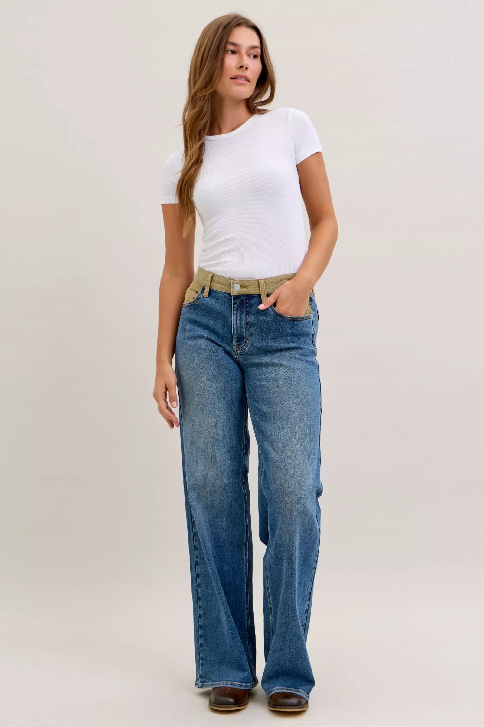 Judy Blue Mid Rise Column Straight Jeans with Corduroy Waist