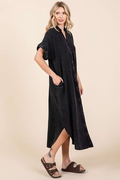 Mittoshop Charcoal Mineral Wash V Neck Button Up Midi Shirt Dress