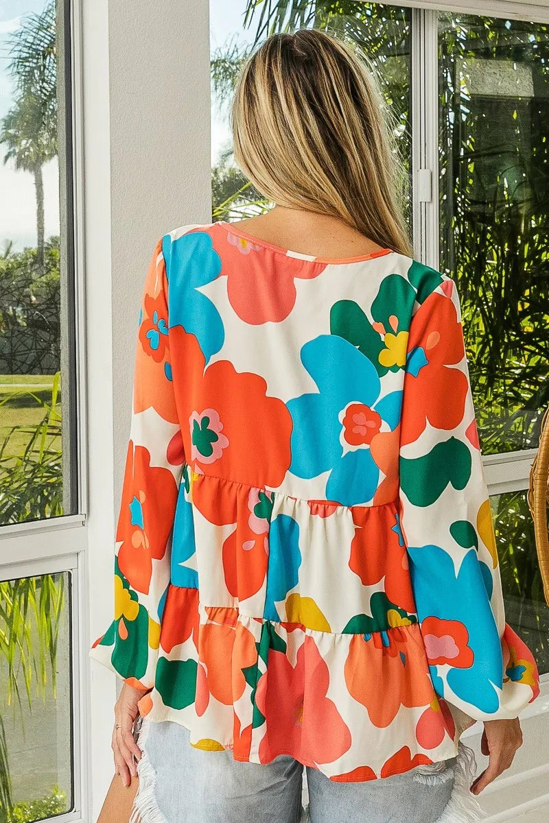 BiBi Floral Woven Tiered V Neck Top