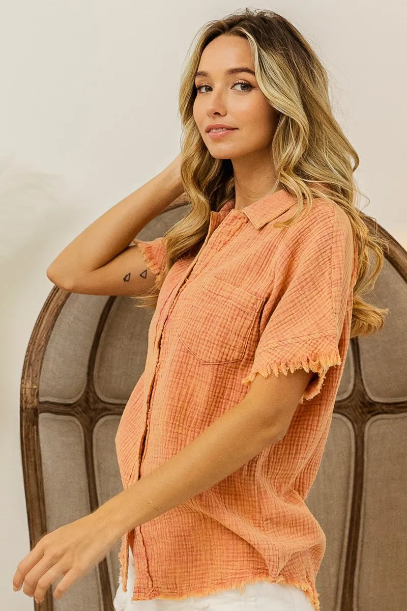 BiBi Vintage Apricot Mineral Washed Buttoned Up Shirt