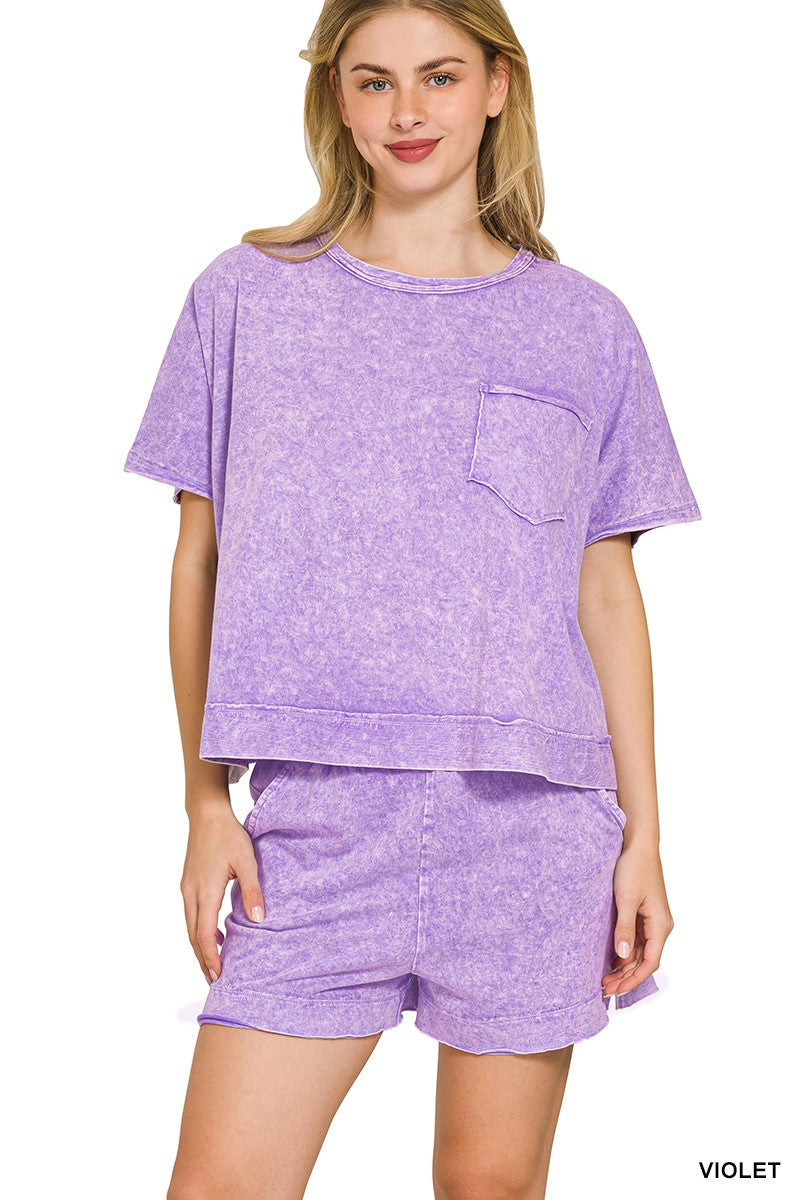 Zenana Violet Halo Snow Washed Boxy Top & Shorts Set VIOLET