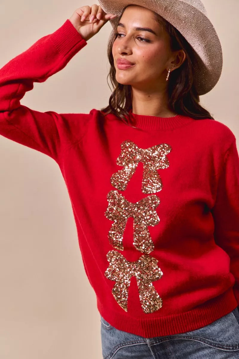 SO ME Red & Gold Sequins Bow Ribbon Embellished Christmas Sweater
