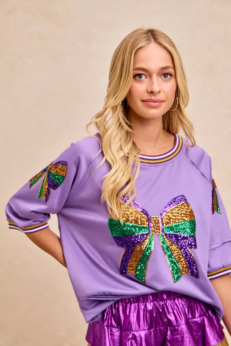 BiBi Lavender Mardi Gras Theme Ribbon Sequin Patched Top