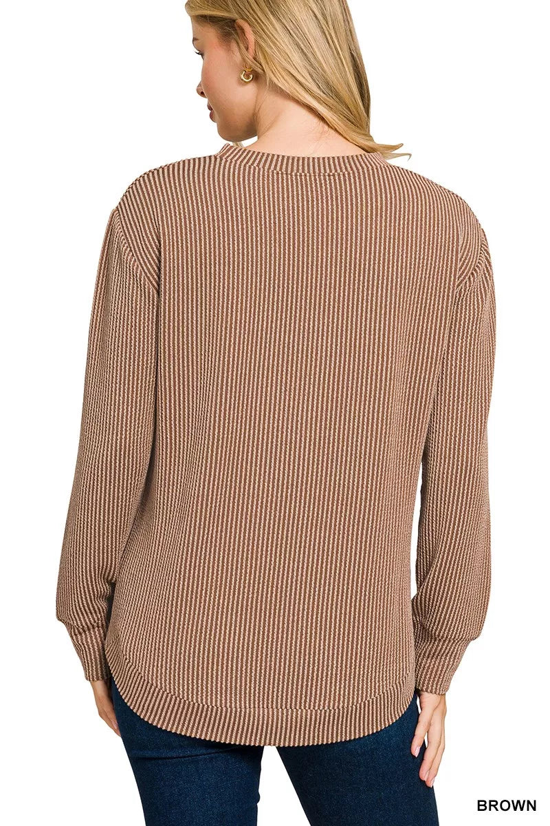Zenana Brown Raised Rib Round Neck Long Sleeve Top