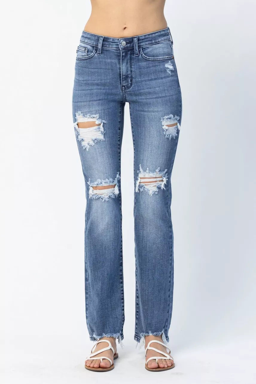Judy Blue Medium Washed Mid Rise Destroyed Straight Jeans MD