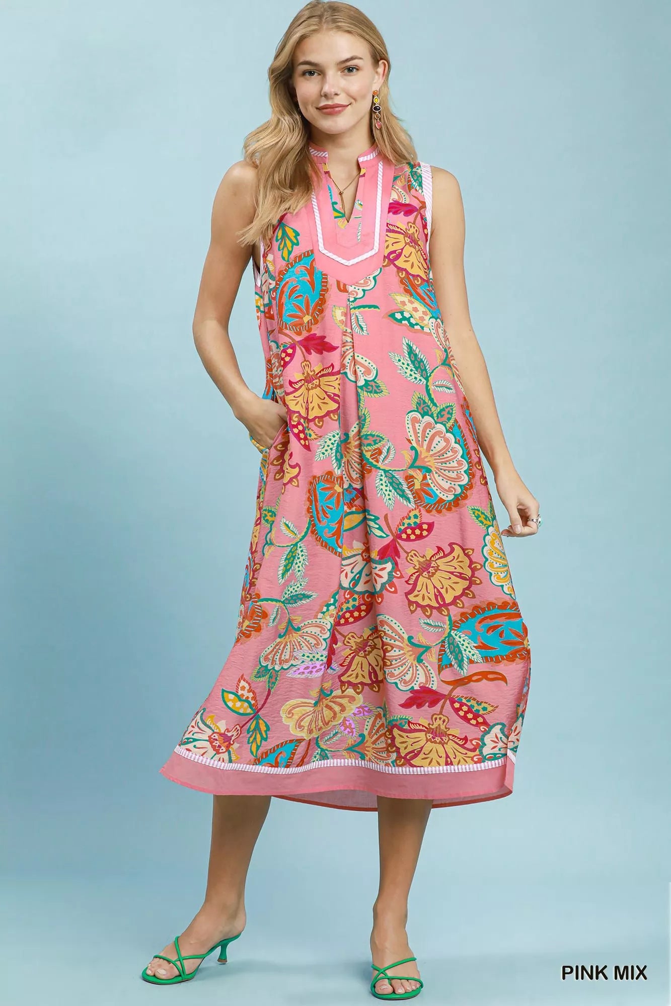 Umgee Pink Mix Paisley Floral Sleeveless Midi Dress