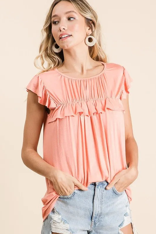 BiBi Jersey Knit Gathered Top with Ruffles