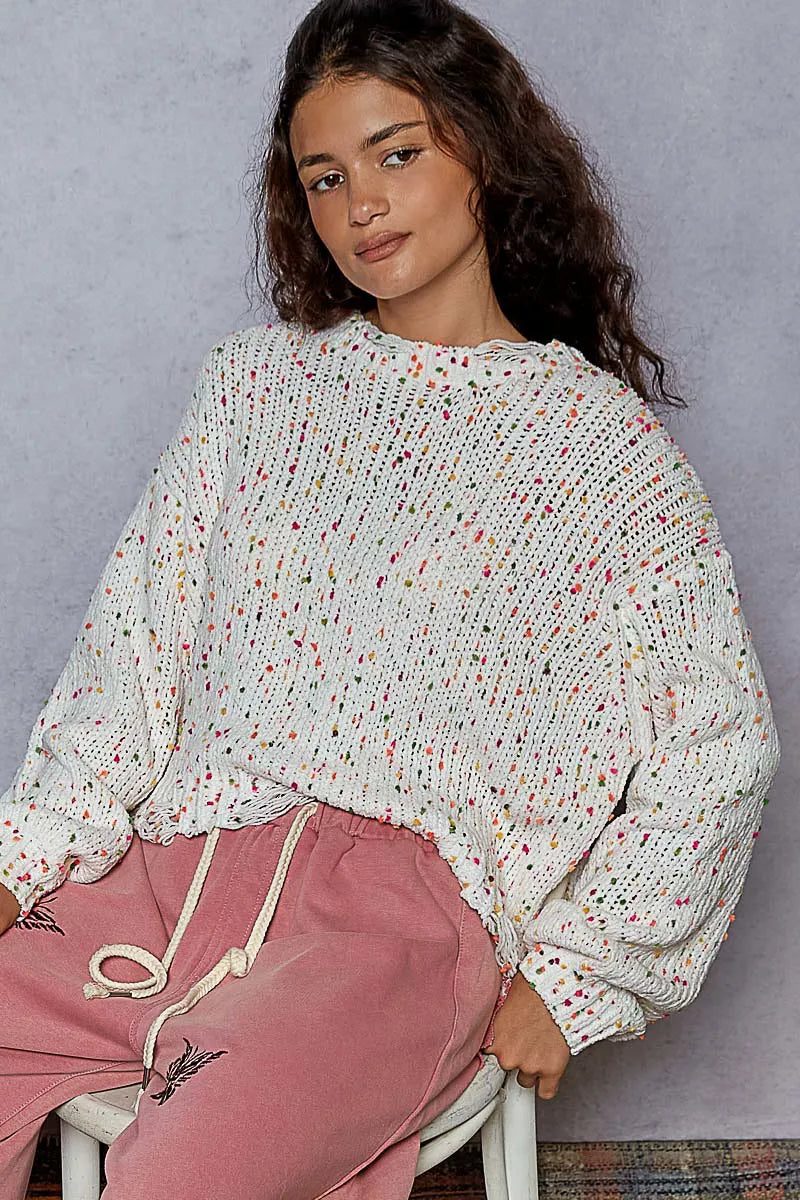 POL White Pink Round Neck Fringed Hem Sweater